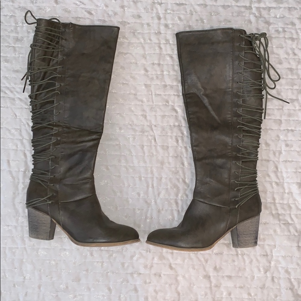 Faux Leather Mid Knee High Boots.